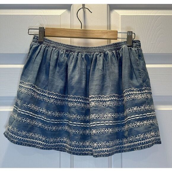 Abercrombie & Fitch Cotton Denim Print Skirt Blue with Floral Embroidery Size S - Picture 2 of 4